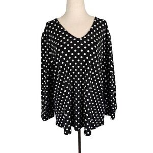 Adrianna Papell Womens Long Sleeve Blouse Top Black/White‎ Polkadot Size L NWT